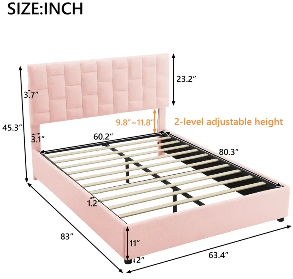 Queen Size Upholstered Platform Bed With Heightadjustable Headboard And Underbed Storage Space, Pink