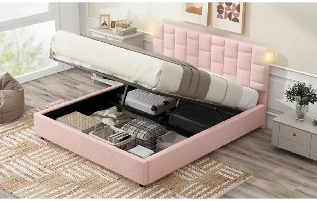 Queen Size Upholstered Platform Bed With Heightadjustable Headboard And Underbed Storage Space, Pink