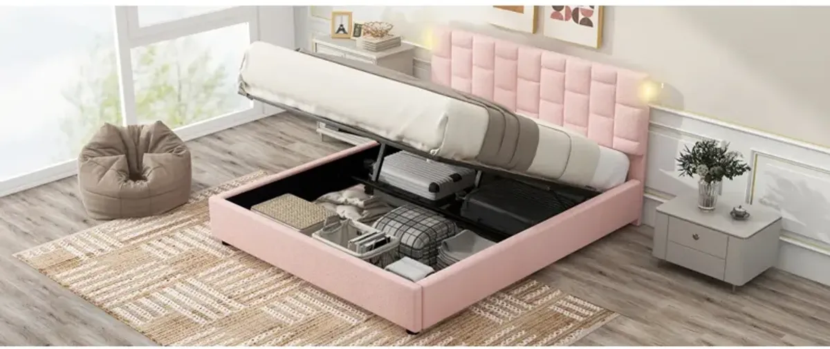 Queen Size Upholstered Platform Bed With Heightadjustable Headboard And Underbed Storage Space, Pink