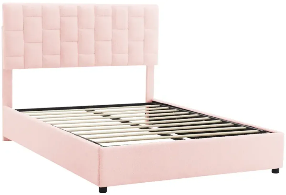 Queen Size Upholstered Platform Bed With Heightadjustable Headboard And Underbed Storage Space, Pink