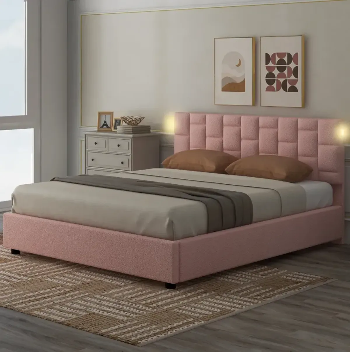 Queen Size Upholstered Platform Bed With Heightadjustable Headboard And Underbed Storage Space, Pink