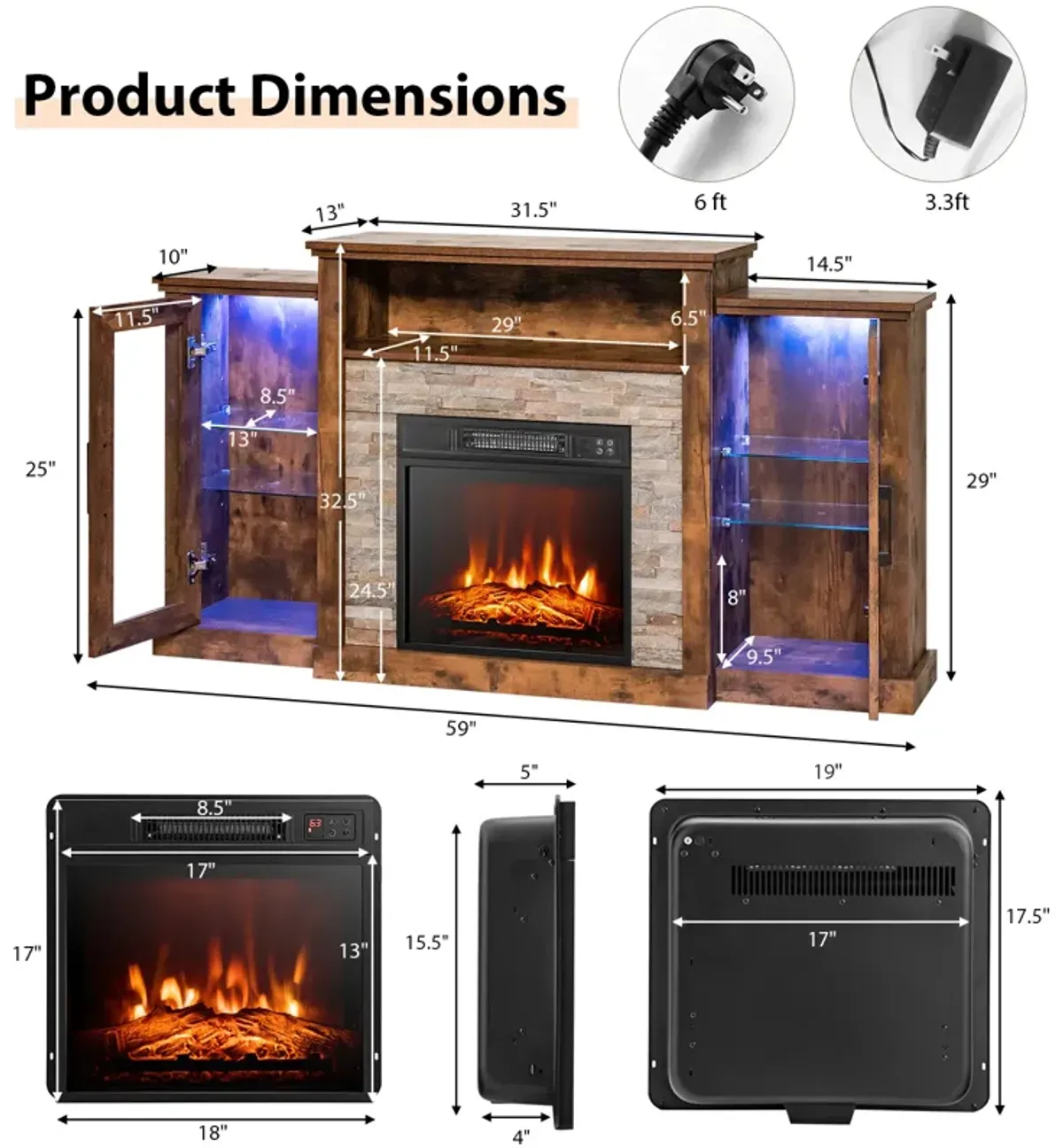 LED Fireplace TV Stand with 16-Color Lights for TVs up to 65 Inches