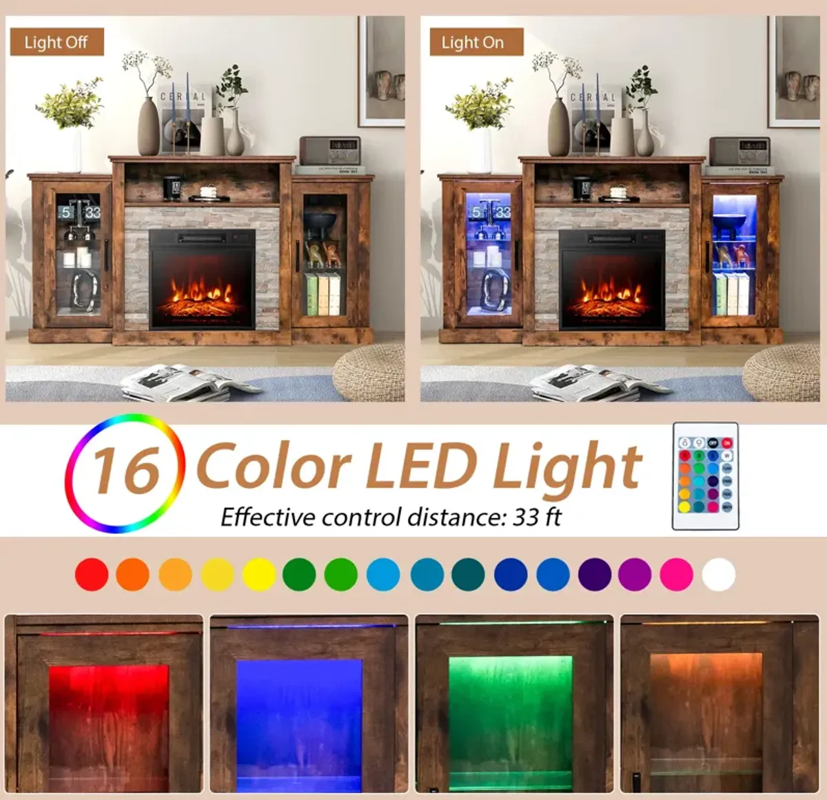 LED Fireplace TV Stand with 16-Color Lights for TVs up to 65 Inches