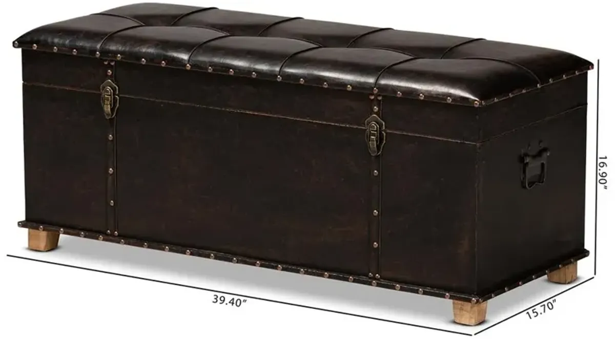 Leather Upholstered and Oak Brown Finished Wood Storage Ottoman