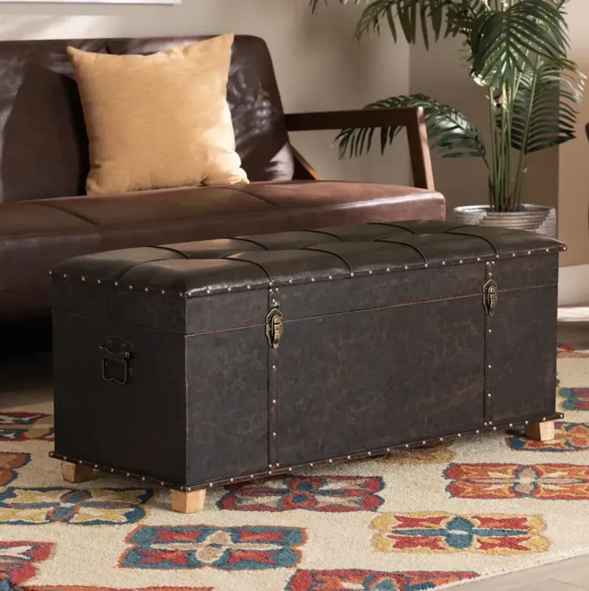 Leather Upholstered and Oak Brown Finished Wood Storage Ottoman