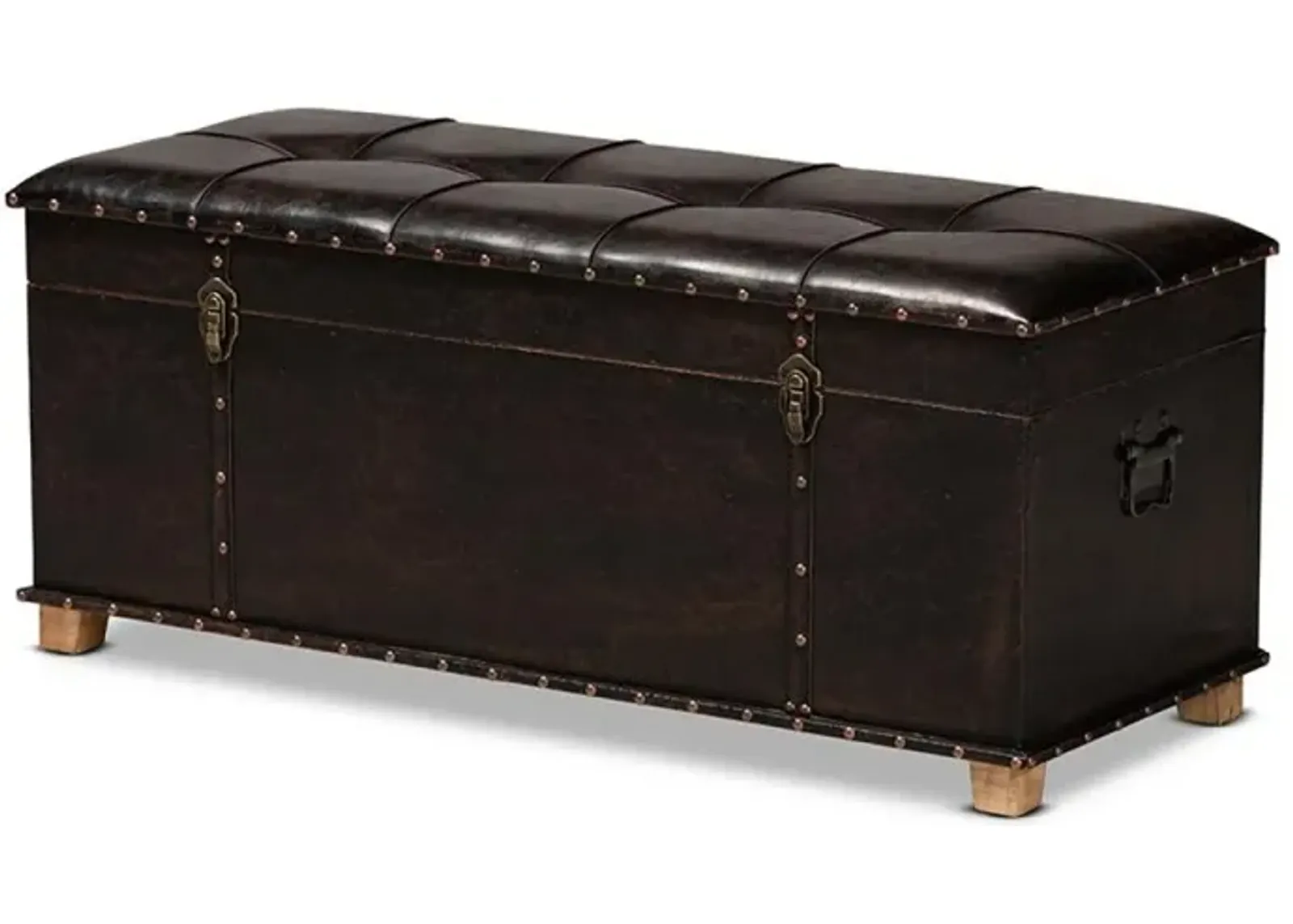 Leather Upholstered and Oak Brown Finished Wood Storage Ottoman