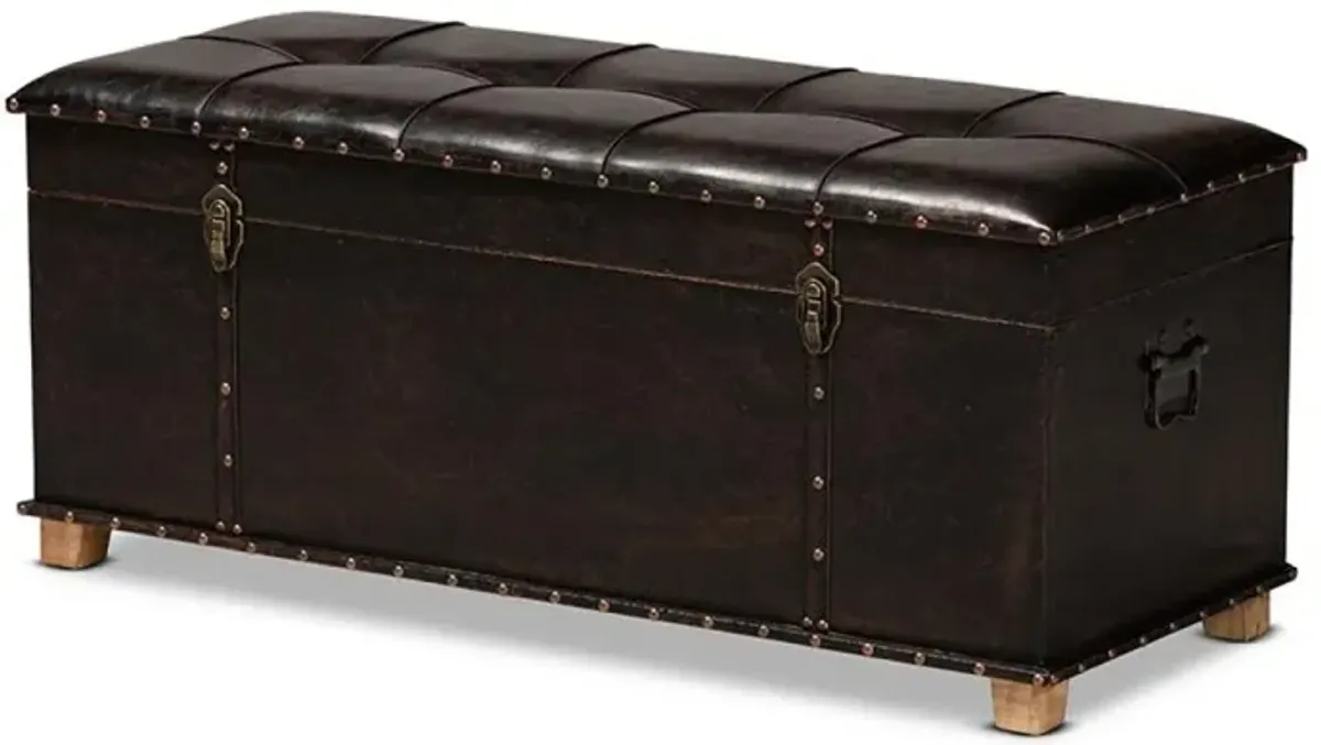 Leather Upholstered and Oak Brown Finished Wood Storage Ottoman