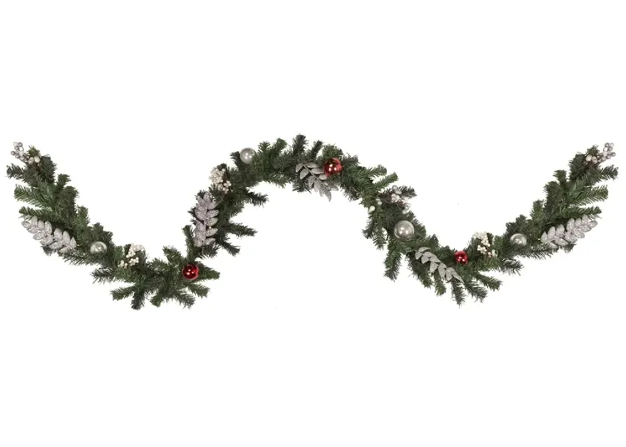 9' Pre-Lit Decorated Green Pine Artificial Christmas Garland  Warm White LED Lights