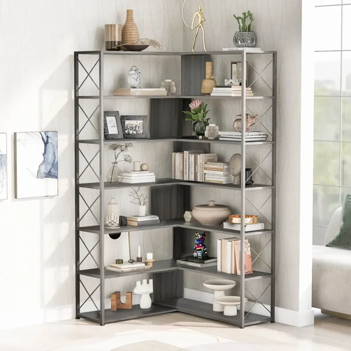 7-Tier Bookcase Home Office Bookshelf, L-Shaped Corner Bookcase with Metal Frame, Industrial Style Shelf with Open Storage, MDF Board