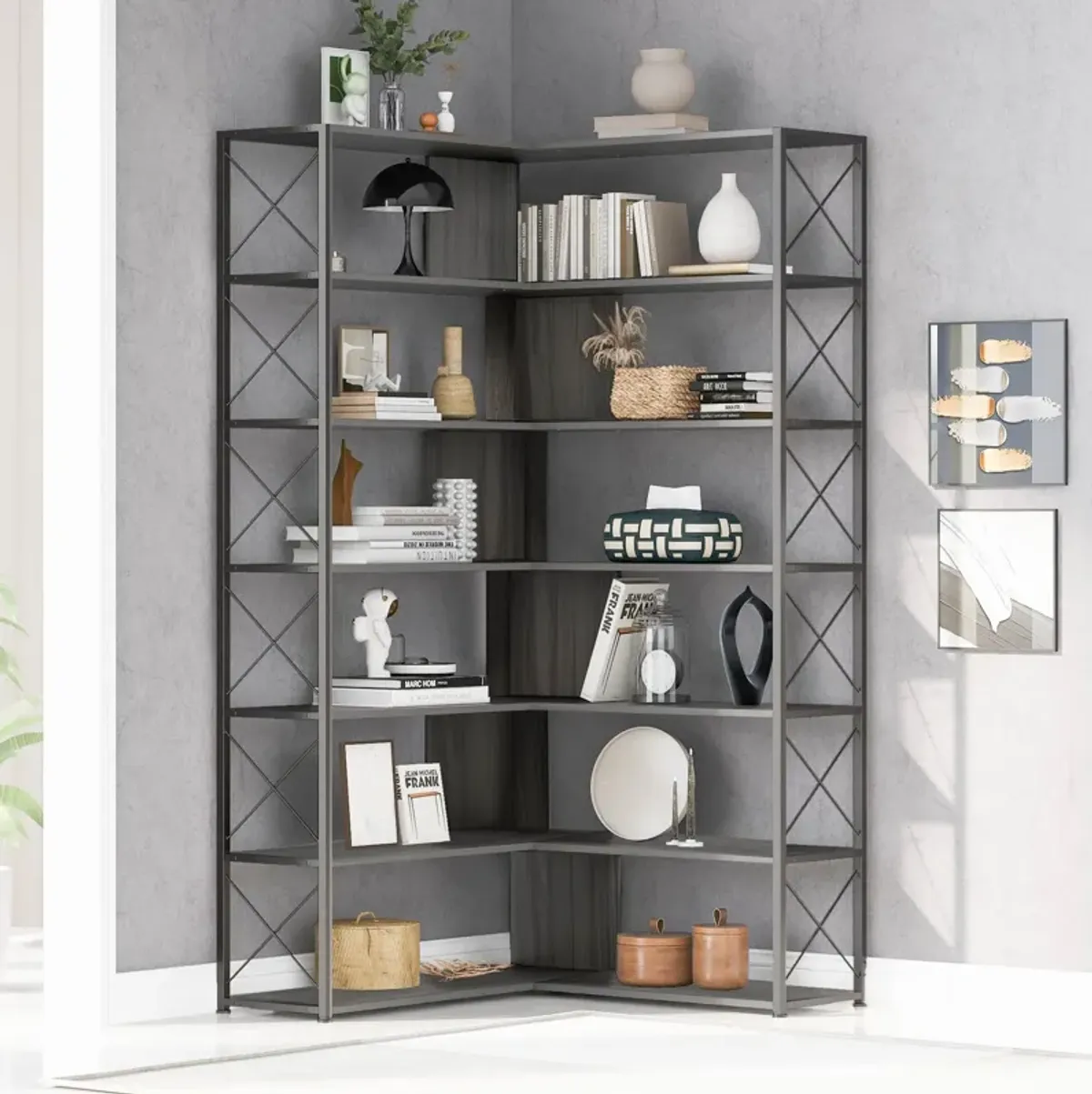 7-Tier Bookcase Home Office Bookshelf, L-Shaped Corner Bookcase with Metal Frame, Industrial Style Shelf with Open Storage, MDF Board