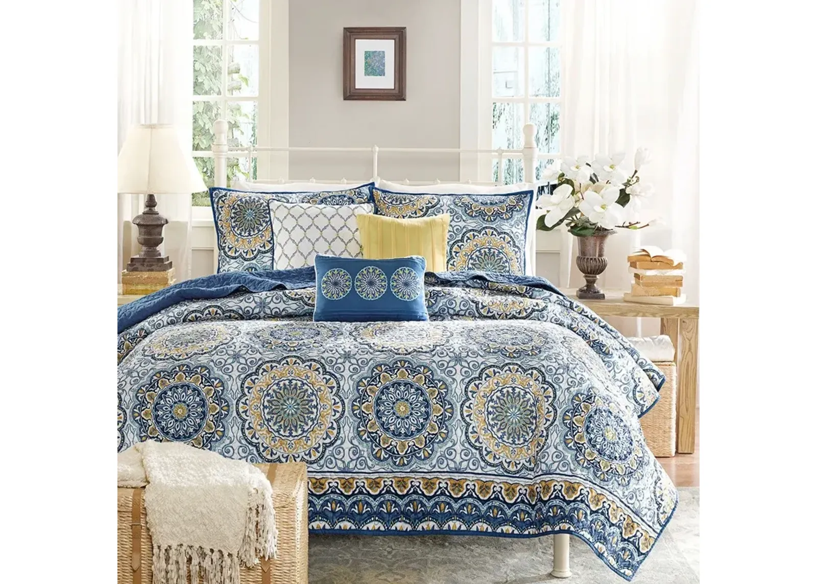 QuikFurn Queen size 6-Piece Coverlet Quilt Set in Blue Floral Pattern