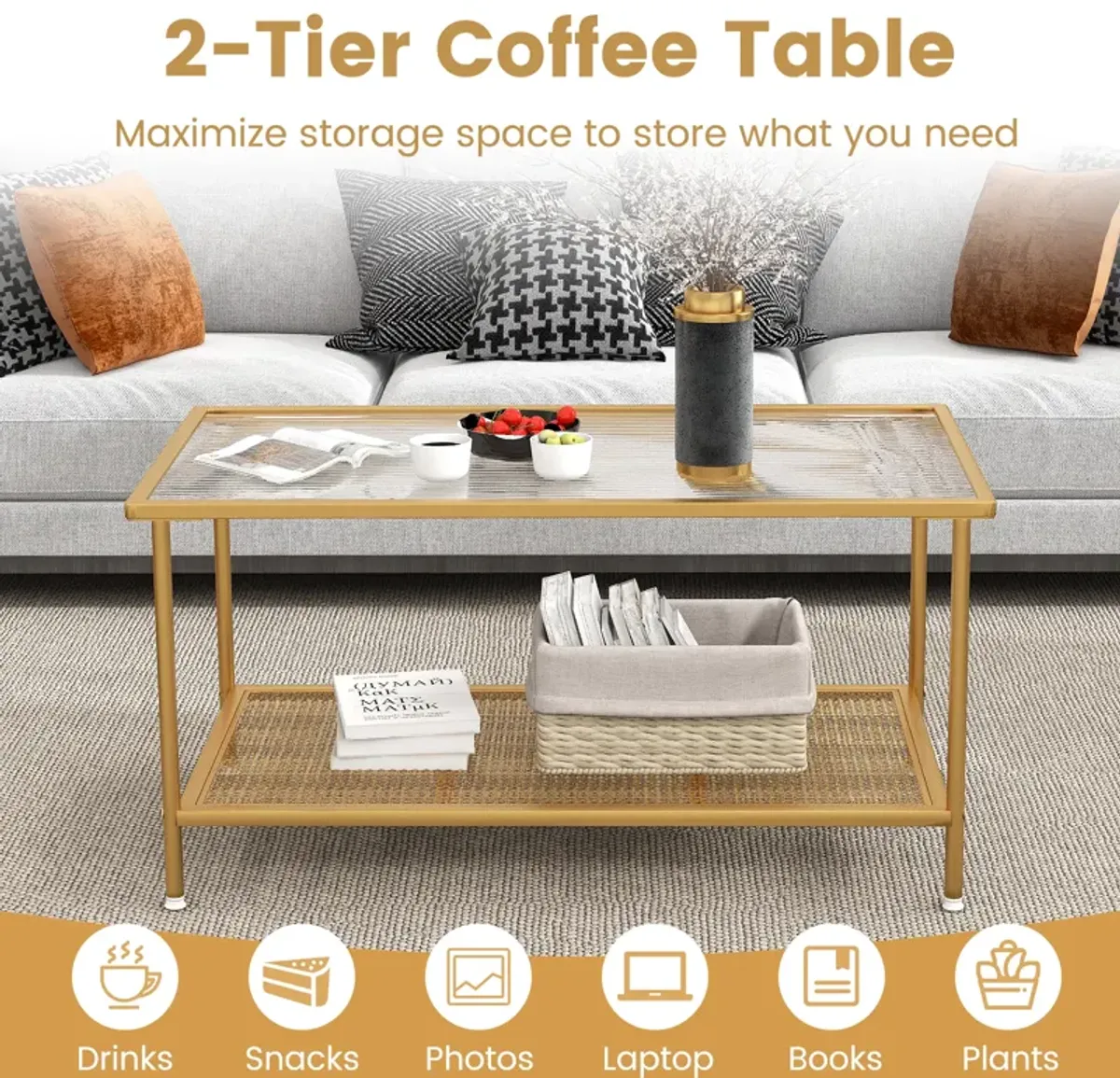 2-Tier Coffee Table with Shelf Center Tea Table with Tempered Glass Top-Golden