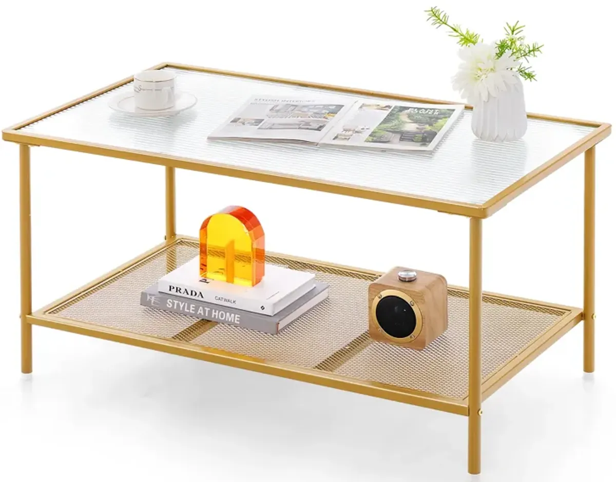 2-Tier Coffee Table with Shelf Center Tea Table with Tempered Glass Top-Golden