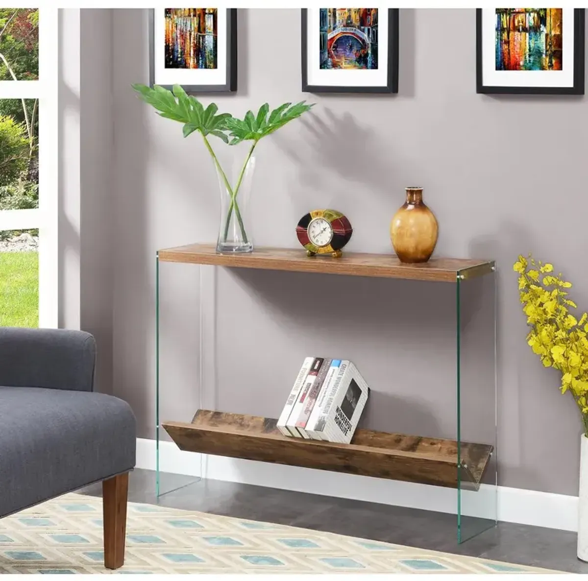 Convenience Concepts SoHo V Console Table w/ Shelf, Barnwood/Glass