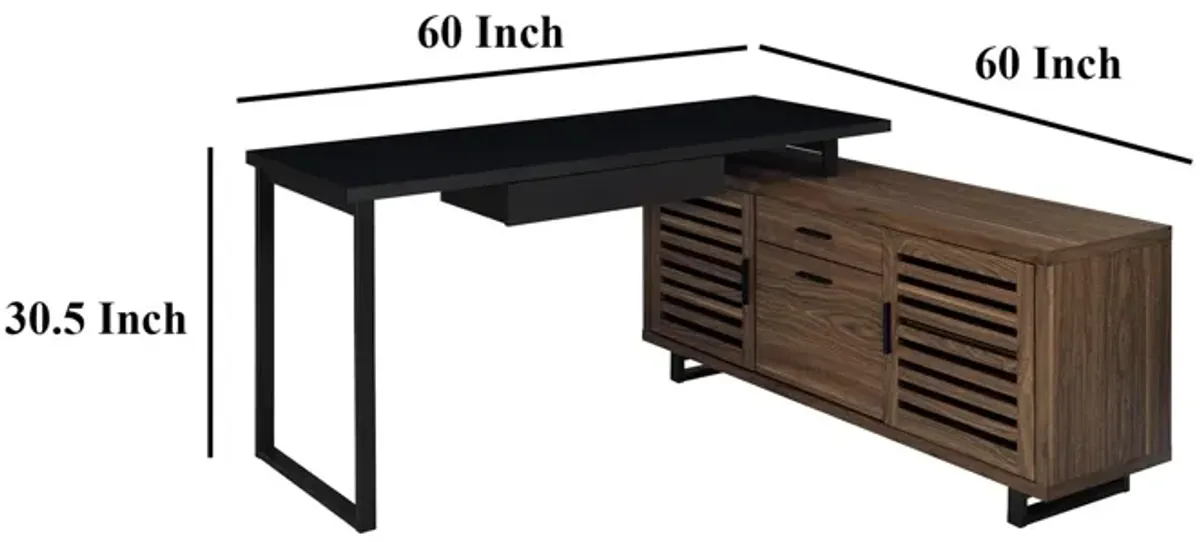 Doxx L Shape Computer Desk, 2 Doors Drawers Black Metal, Walnut Wood - Benzara