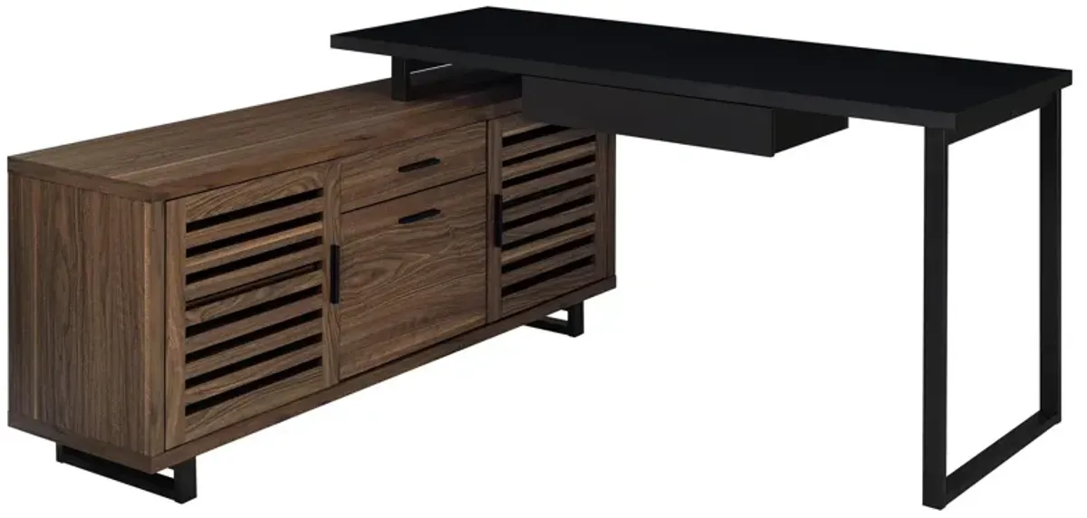 Doxx L Shape Computer Desk, 2 Doors Drawers Black Metal, Walnut Wood - Benzara