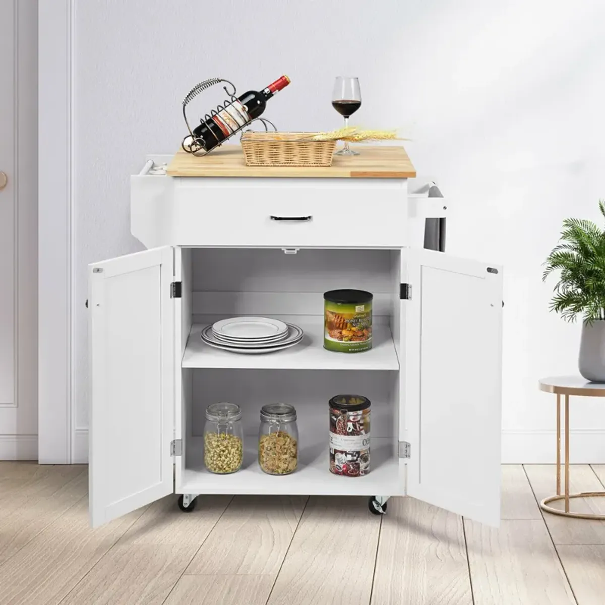 Utility Rolling Storage Cabinet Kitchen Island Cart with Spice Rack