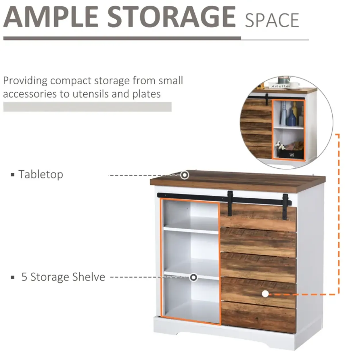 Rustic Cottage Sideboard with Barn Style Glide Door and Adjustable Shelf