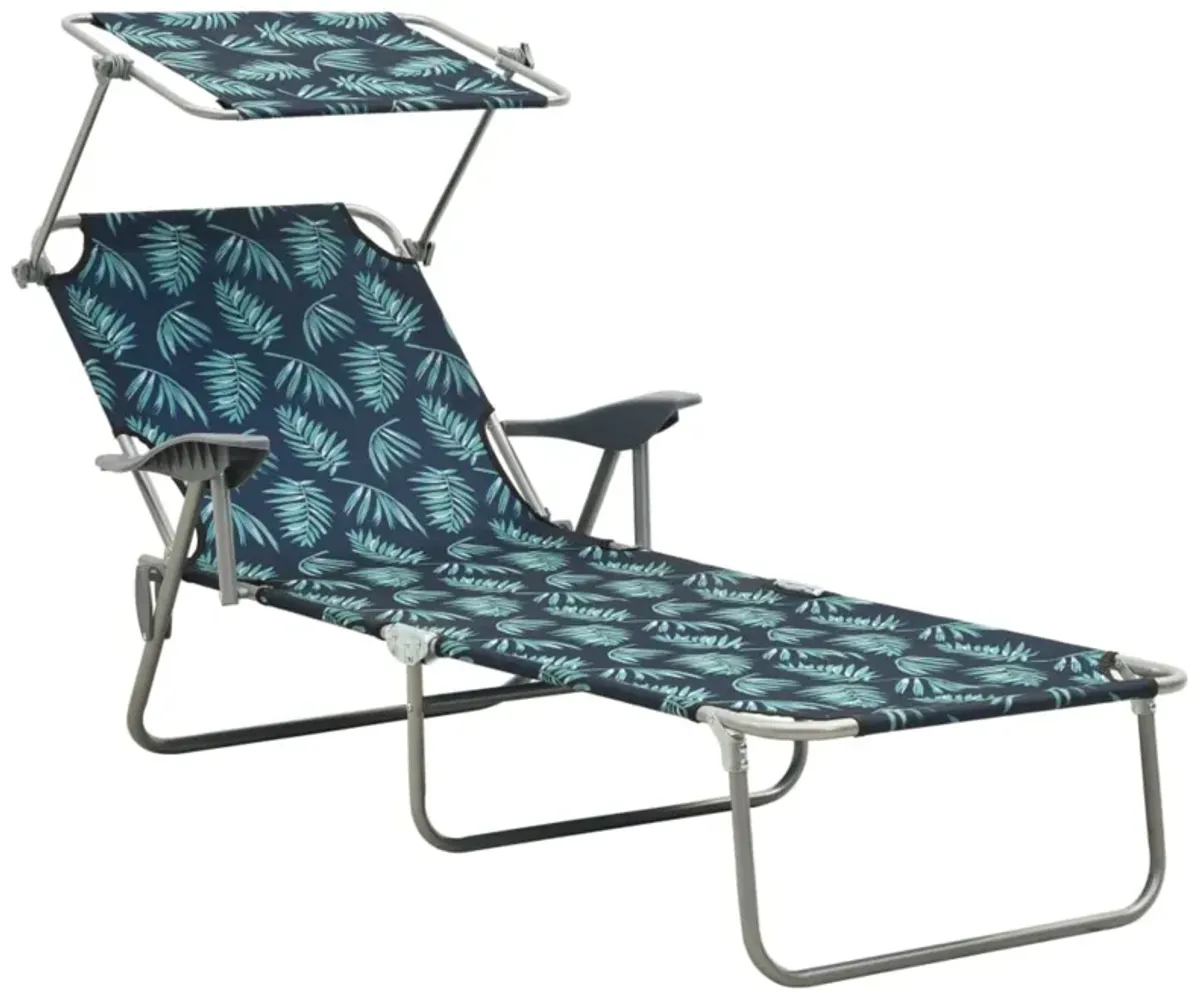 vidaXL Sun Lounger with Canopy - Adjustable, Foldable and Portable Outdoor Day Bed with Leaf Print & Powder-Coated Steel Frame - Perfect for Garden, Beach and Poolside