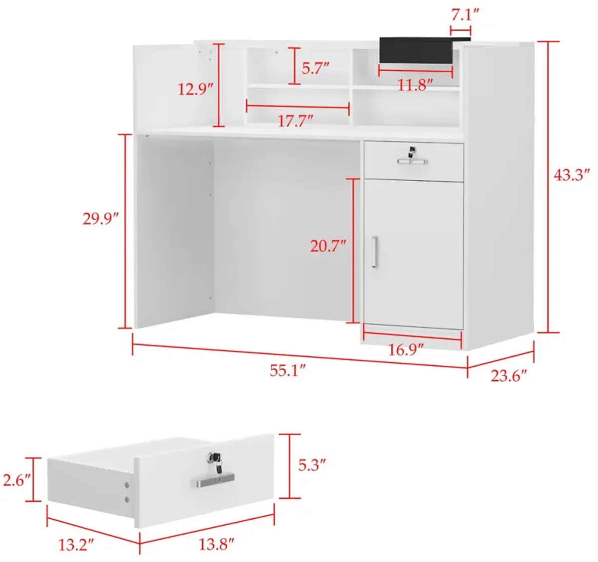 Rectangular White Wooden Computer Desk, Writing Desk with Drawer, 4-Tiler Adjustable Shelves, 55.1 in. W-23.6 in.D