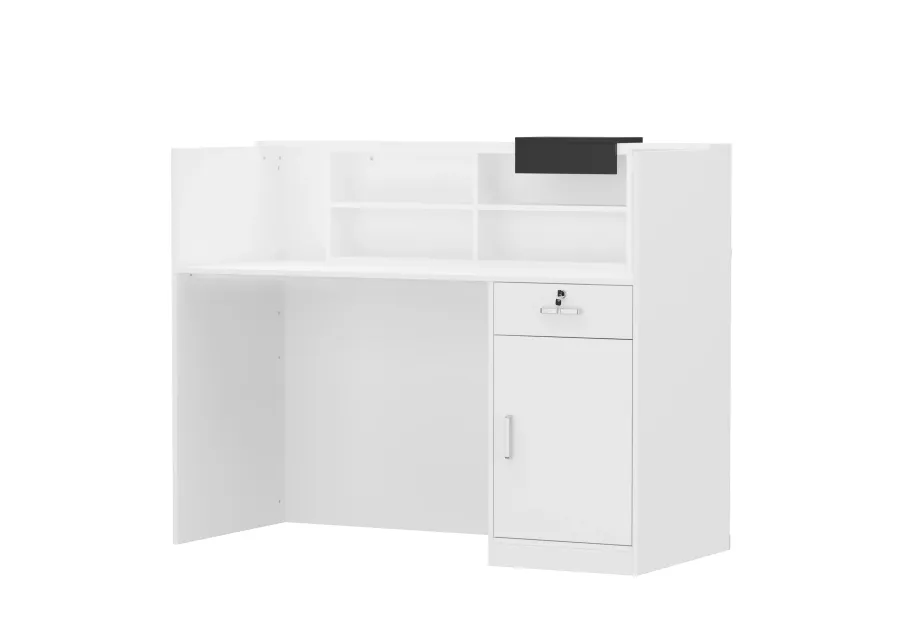 Rectangular White Wooden Computer Desk, Writing Desk with Drawer, 4-Tiler Adjustable Shelves, 55.1 in. W-23.6 in.D