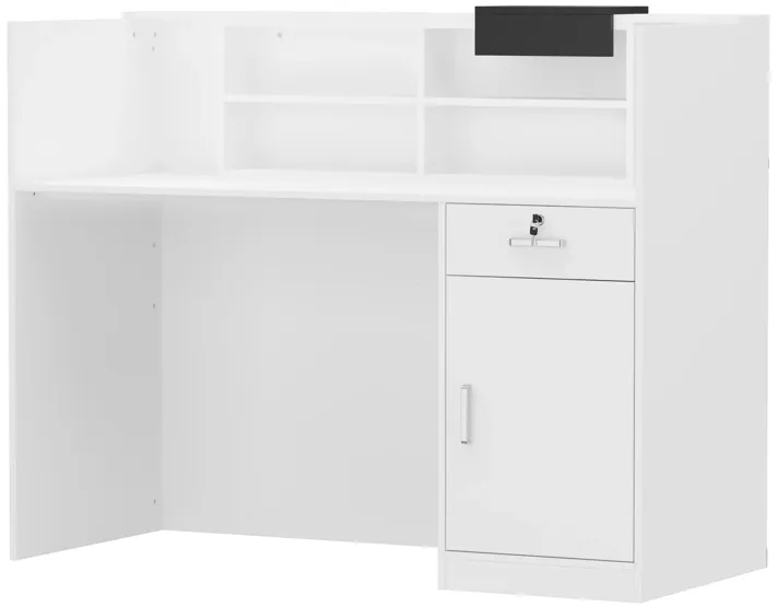 Rectangular White Wooden Computer Desk, Writing Desk with Drawer, 4-Tiler Adjustable Shelves, 55.1 in. W-23.6 in.D