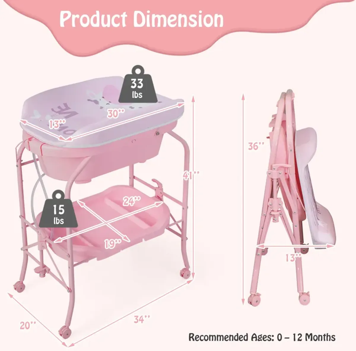 Folding Baby Changing Table with Bathtub and 4 Universal Wheels