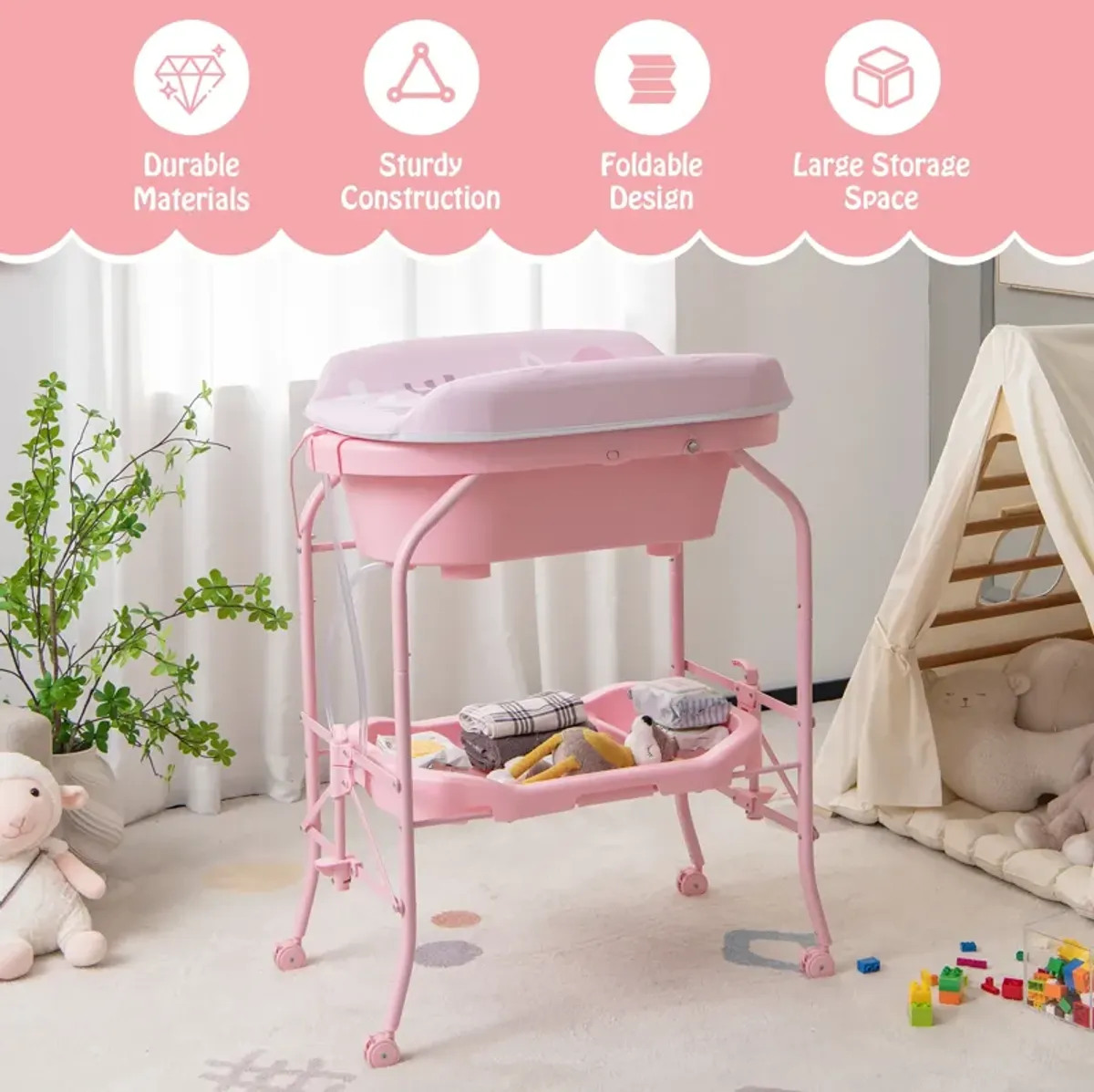 Folding Baby Changing Table with Bathtub and 4 Universal Wheels