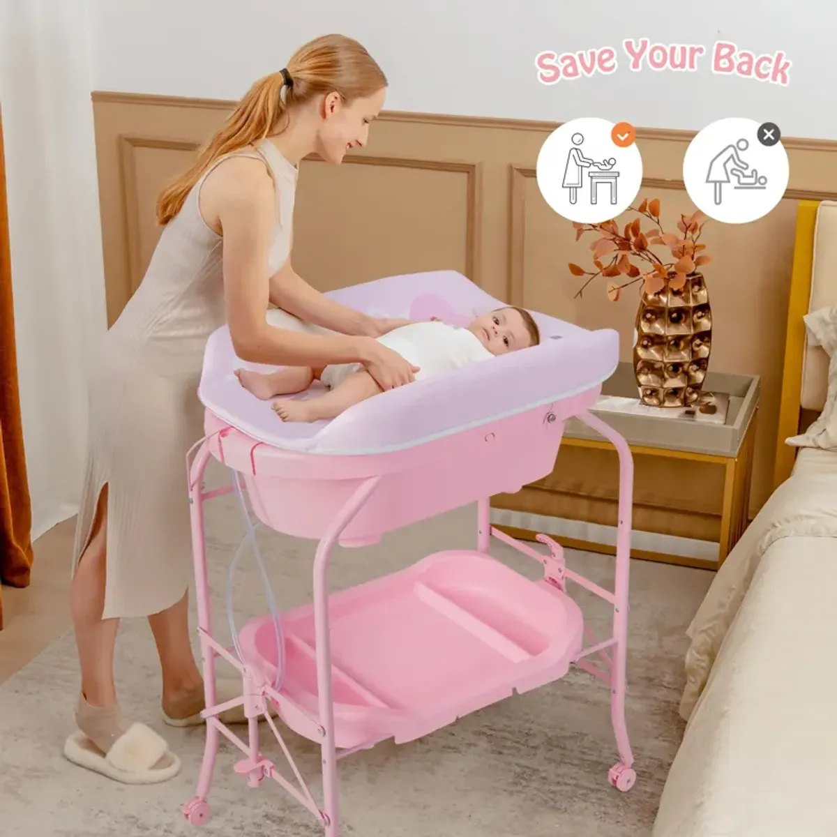 Folding Baby Changing Table with Bathtub and 4 Universal Wheels