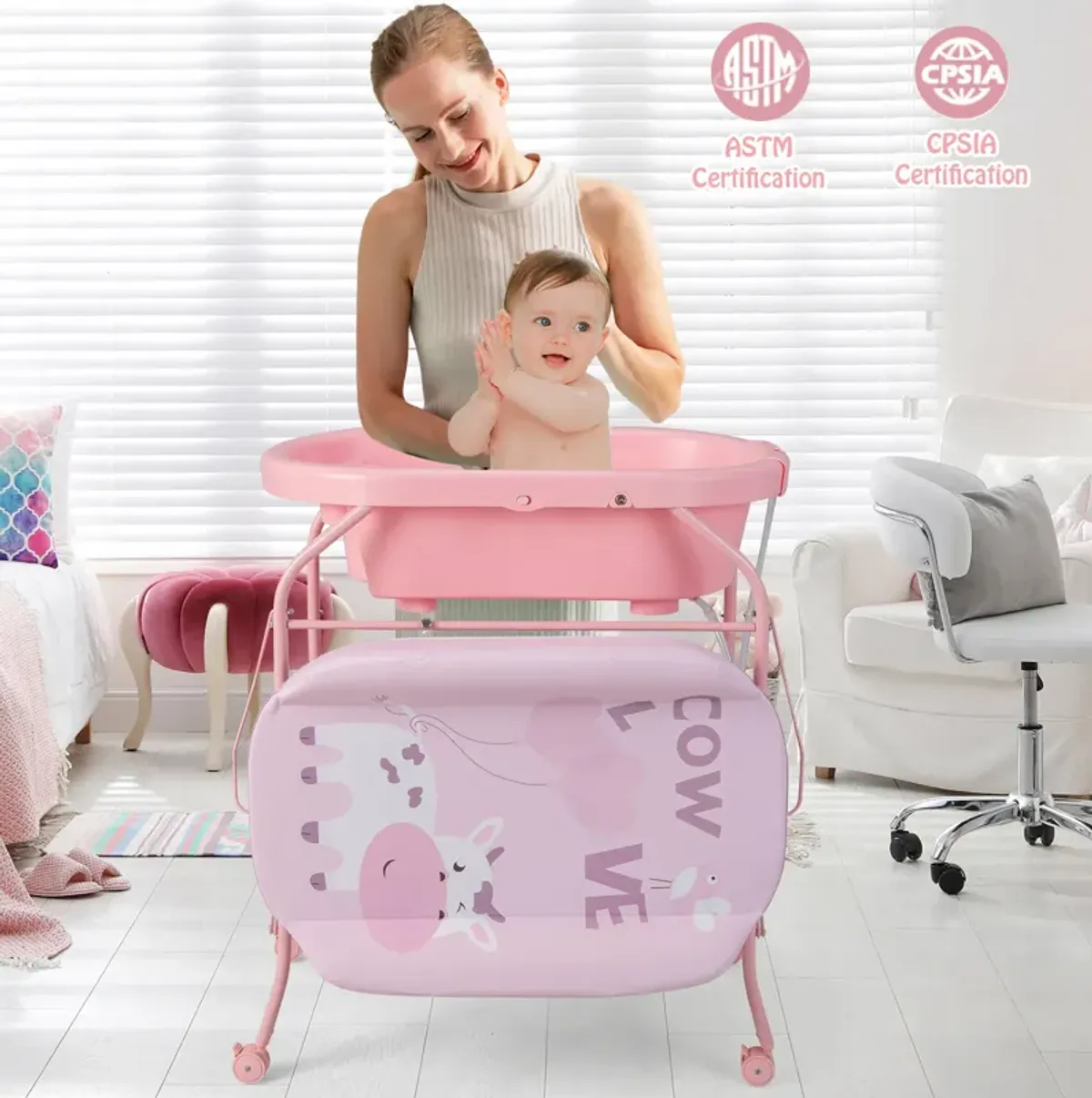 Folding Baby Changing Table with Bathtub and 4 Universal Wheels