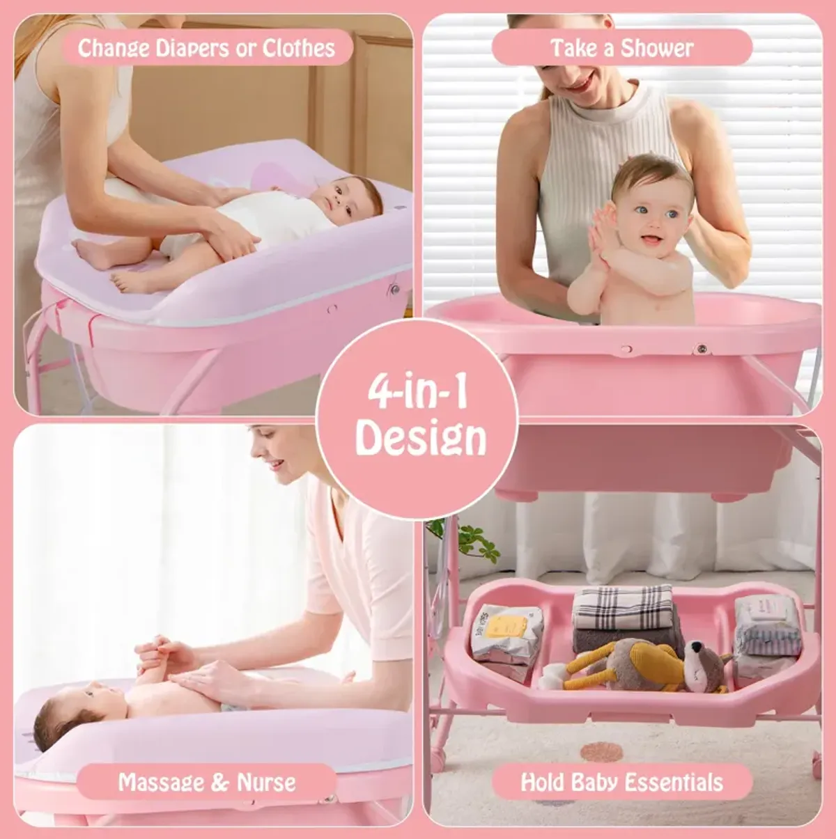 Folding Baby Changing Table with Bathtub and 4 Universal Wheels