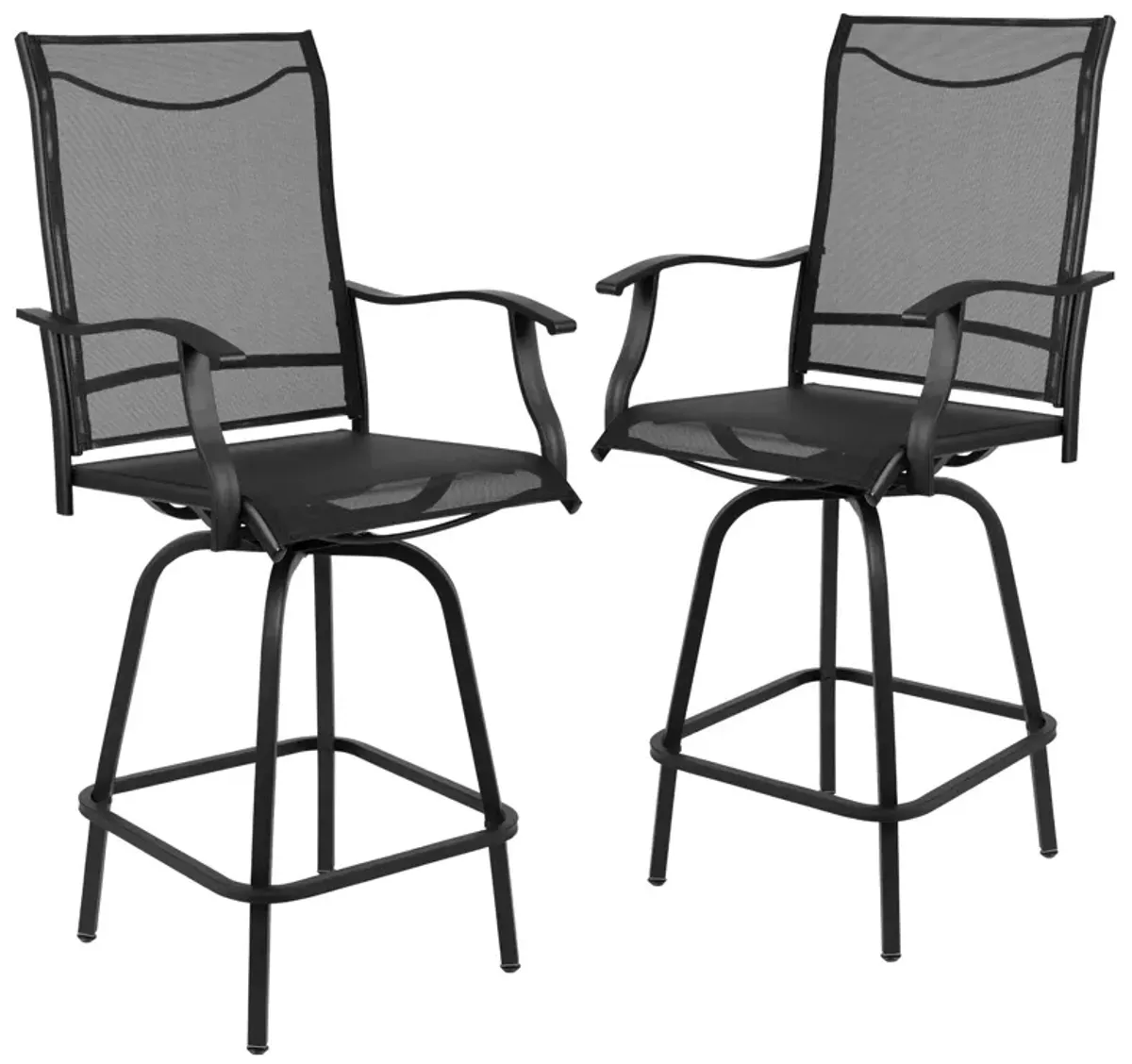 Flash Furniture Valerie Patio Bar Height Stools Set of 2, All-Weather Textilene Swivel Patio Stools with High Back & Armrests in Black