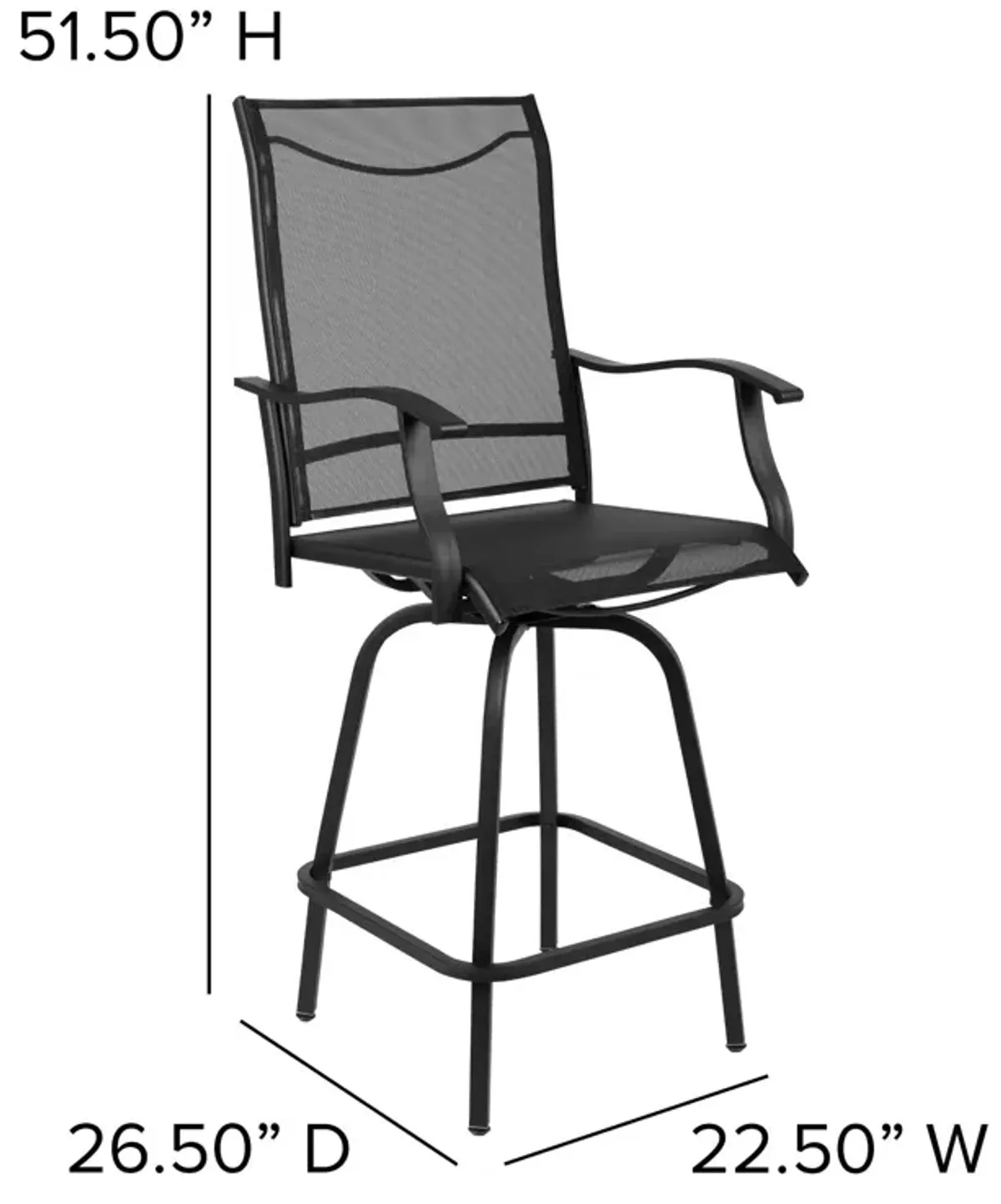 Flash Furniture Valerie Patio Bar Height Stools Set of 2, All-Weather Textilene Swivel Patio Stools with High Back & Armrests in Black