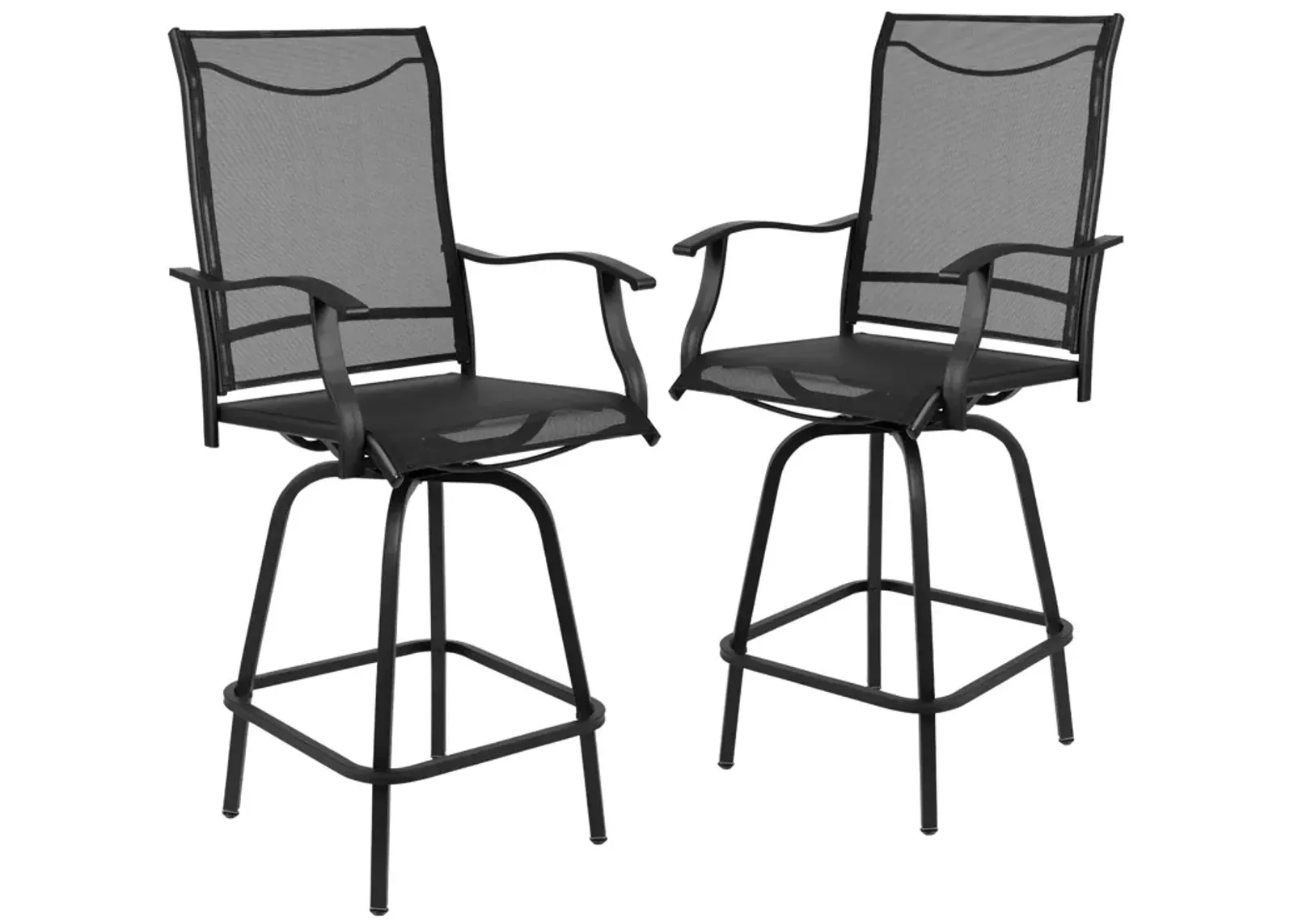 Flash Furniture Valerie Patio Bar Height Stools Set of 2, All-Weather Textilene Swivel Patio Stools with High Back & Armrests in Black