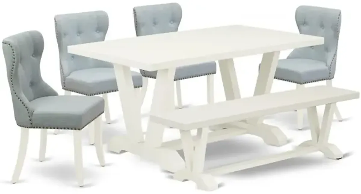 East West Furniture V026SI215-6 6-Piece Modern Dining Table Set- 4 Mid Century Dining Chairs with Baby Blue Linen Fabric Seat and Button Tufted Chair Back - Rectangular Top & Wooden Legs Kitchen Table