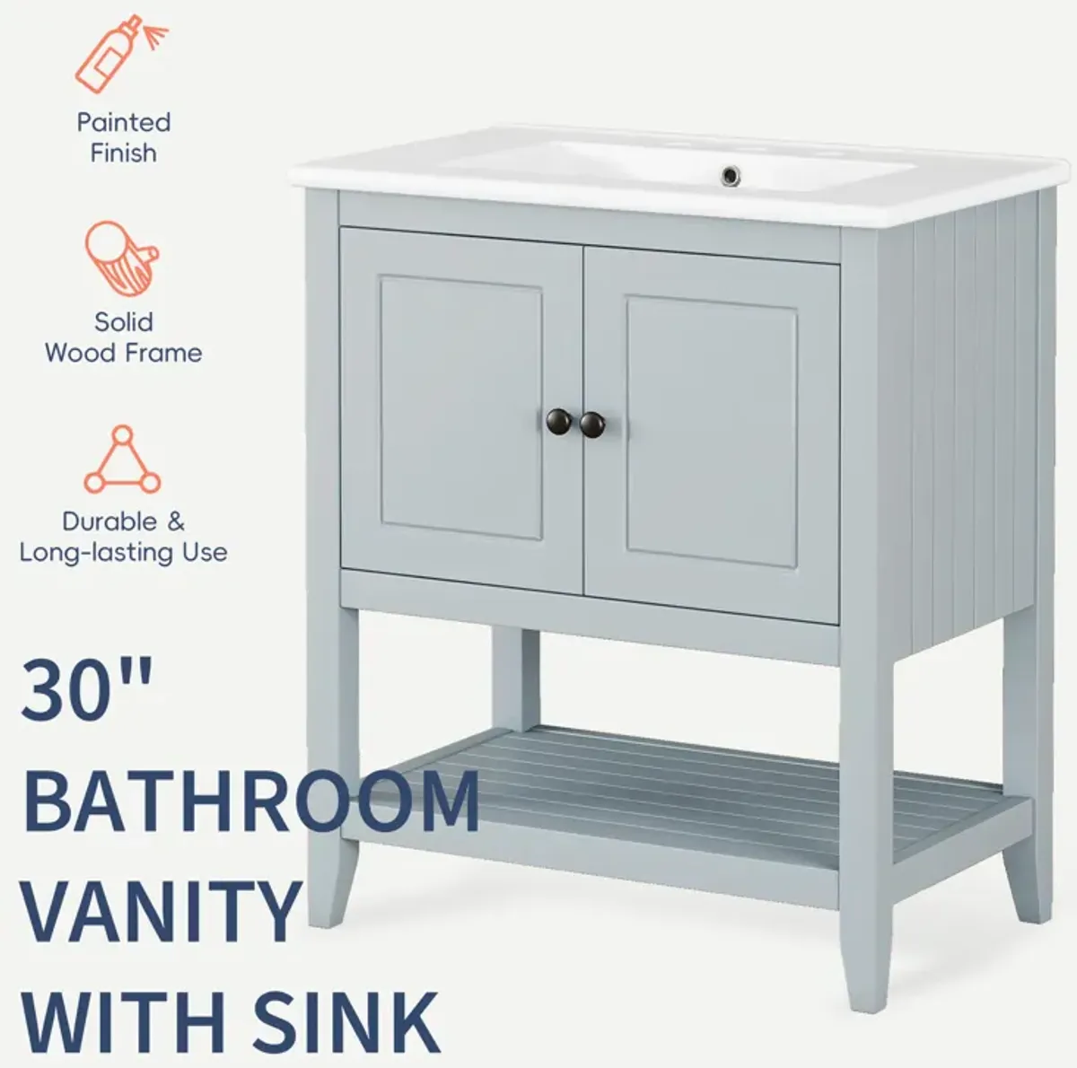 Gewnee 30" White Modern Sleek Bathroom Vanity Elegant Ceramic Sink with Solid Wood Frame Open Style Shelf & Door Shelf Design