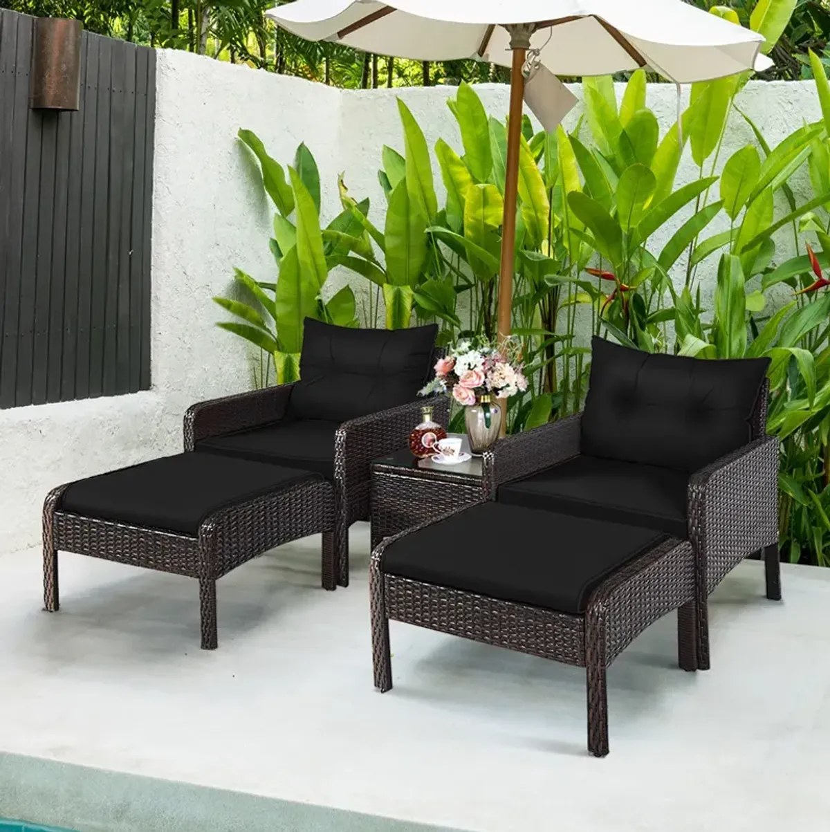 5 Pieces Patio Rattan Sofa Ottoman Furniture Set with Cushions