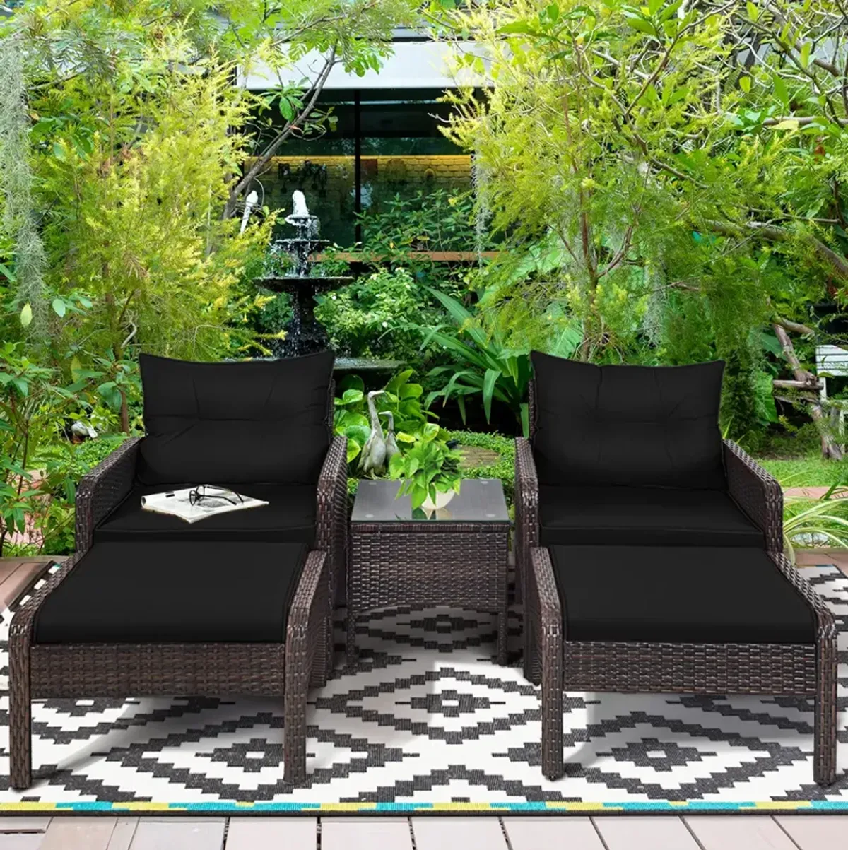 5 Pieces Patio Rattan Sofa Ottoman Furniture Set with Cushions