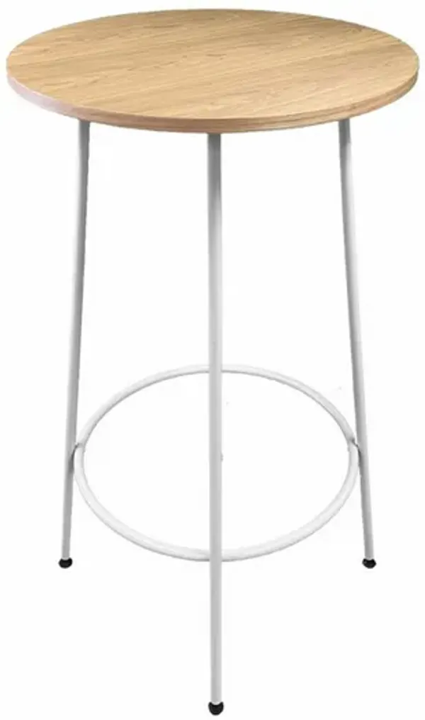 Neni 42 Inch Bar Table, Round Natural Brown Wood Top, Modern White Metal - Benzara