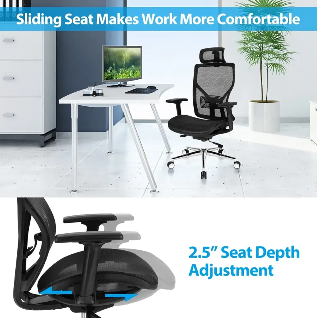 High-Back Mesh Executive Chair with Sliding Seat and Adjustable Lumbar Support