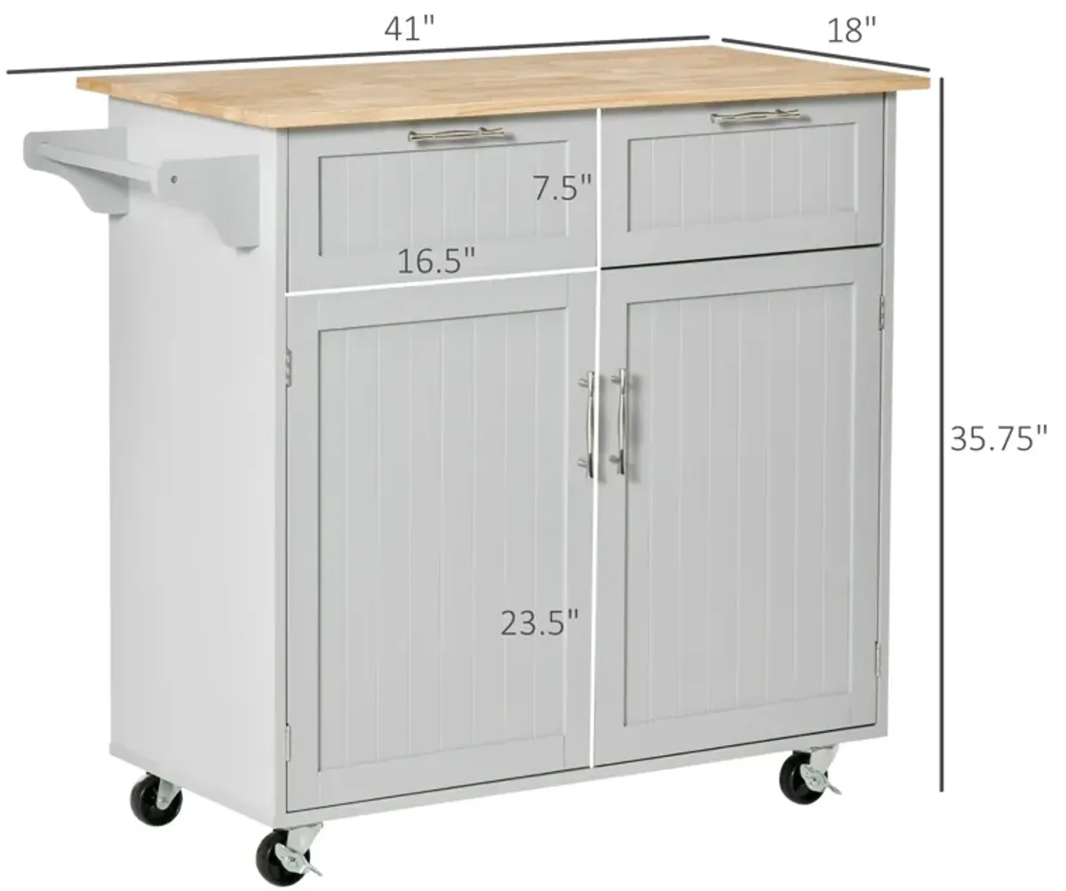 Gray Kitchen Helper: 41" Rolling Island with Rubberwood Top and Drawers