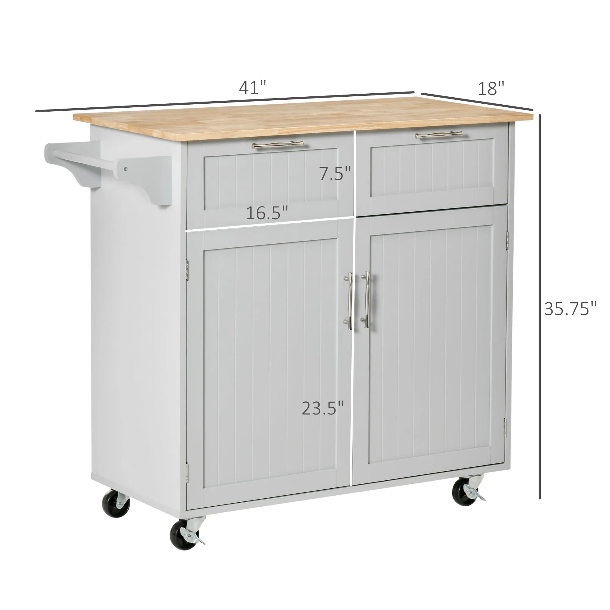 Gray Kitchen Helper: 41" Rolling Island with Rubberwood Top and Drawers