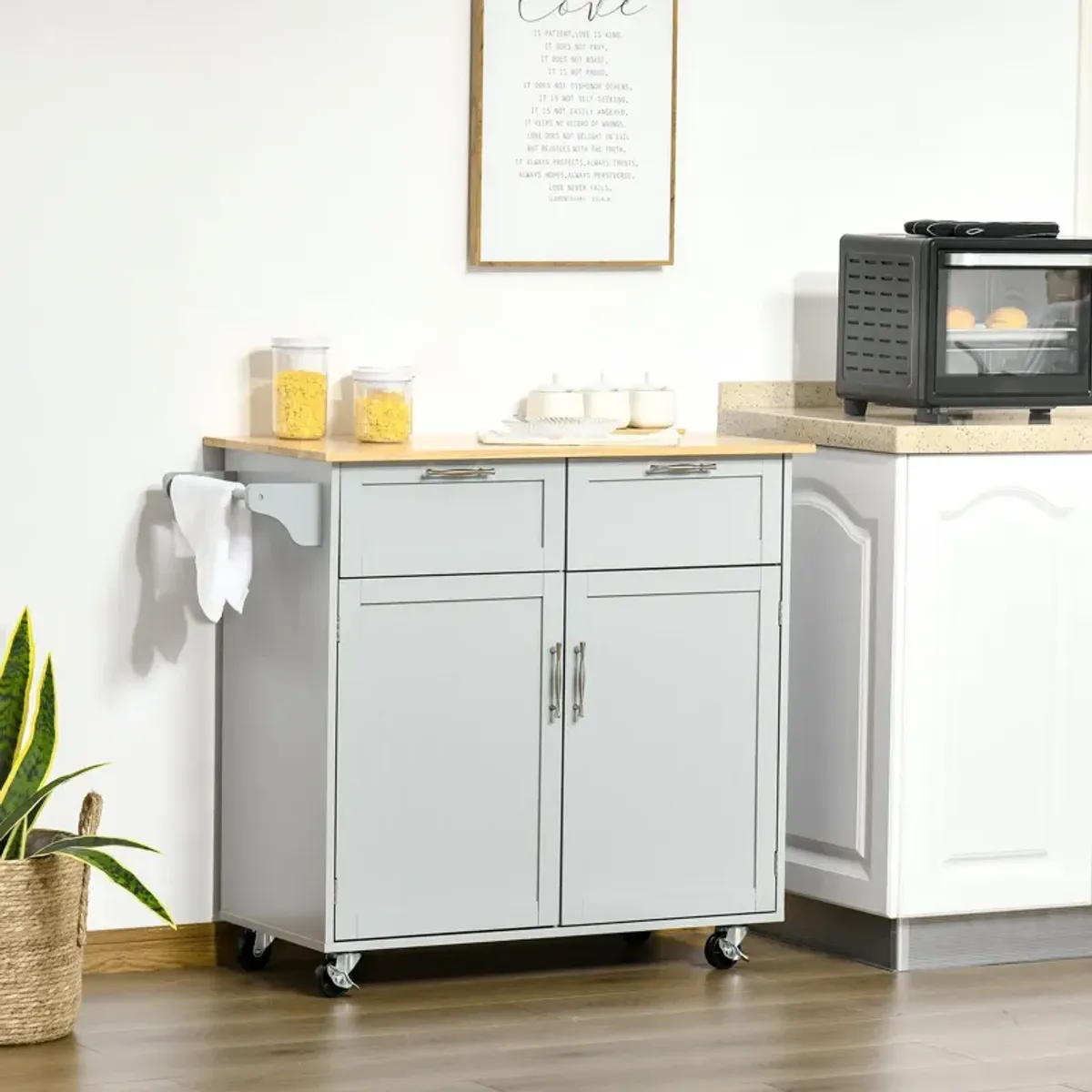 Gray Kitchen Helper: 41" Rolling Island with Rubberwood Top and Drawers