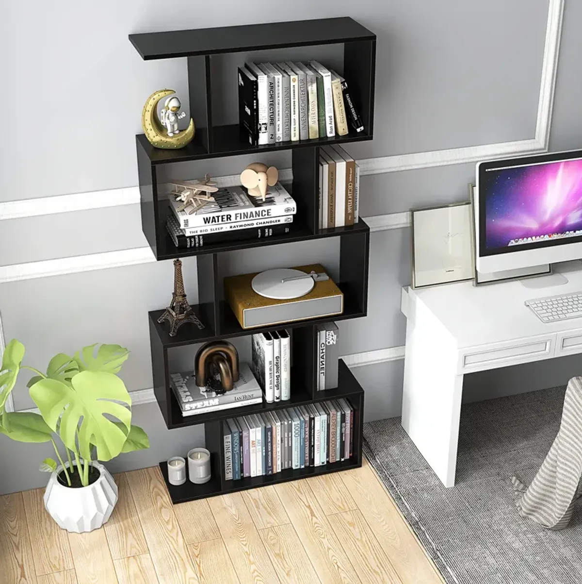 5-Tier Bookshelf with Anti-Toppling Device for Living Room Home Office