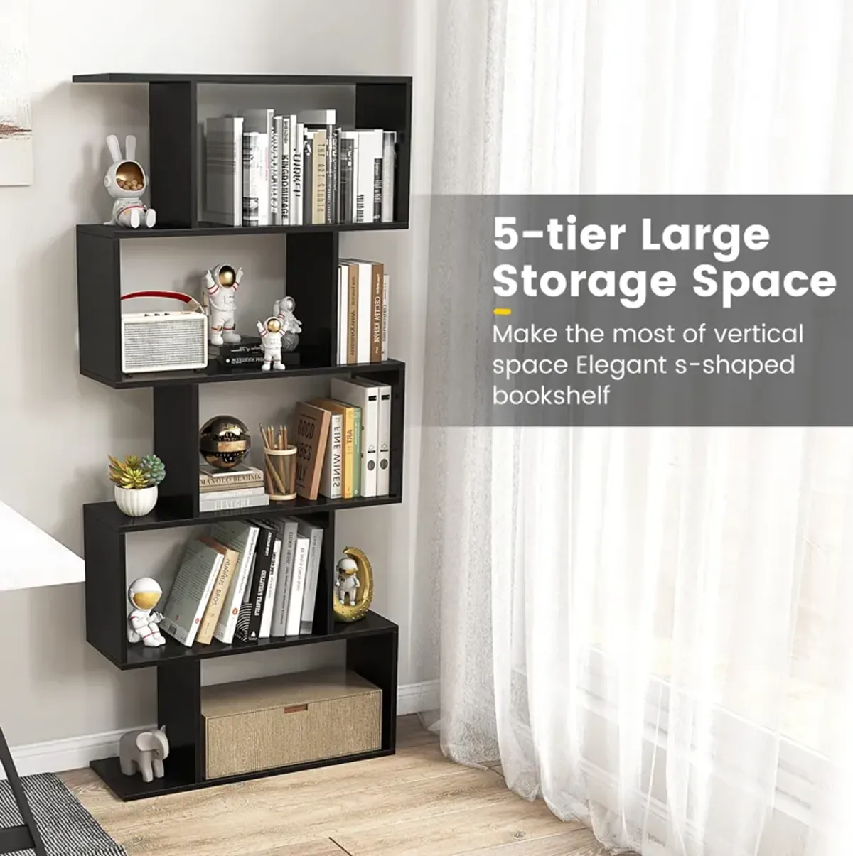 5-Tier Bookshelf with Anti-Toppling Device for Living Room Home Office