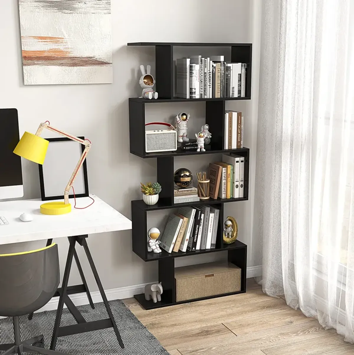 5-Tier Bookshelf with Anti-Toppling Device for Living Room Home Office