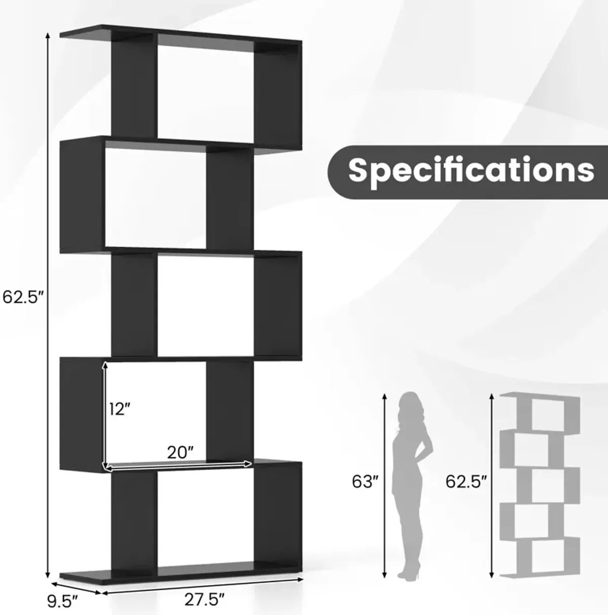 5-Tier Bookshelf with Anti-Toppling Device for Living Room Home Office