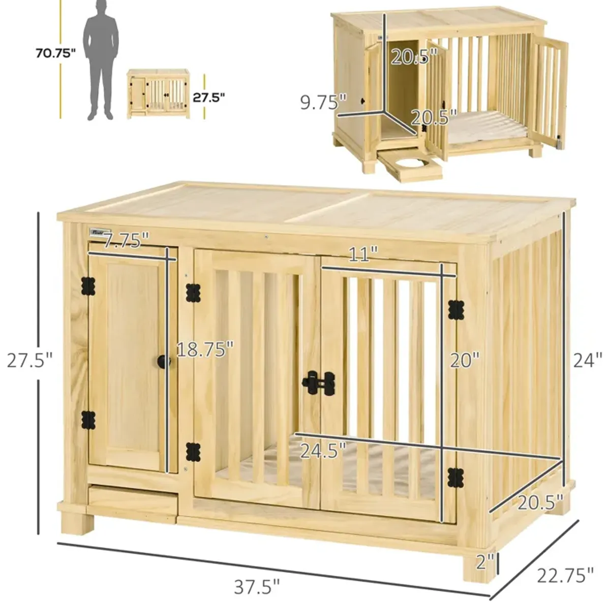 Natural Pet Furniture: Stylish Wooden Dog Crate with Cushion & Drawer