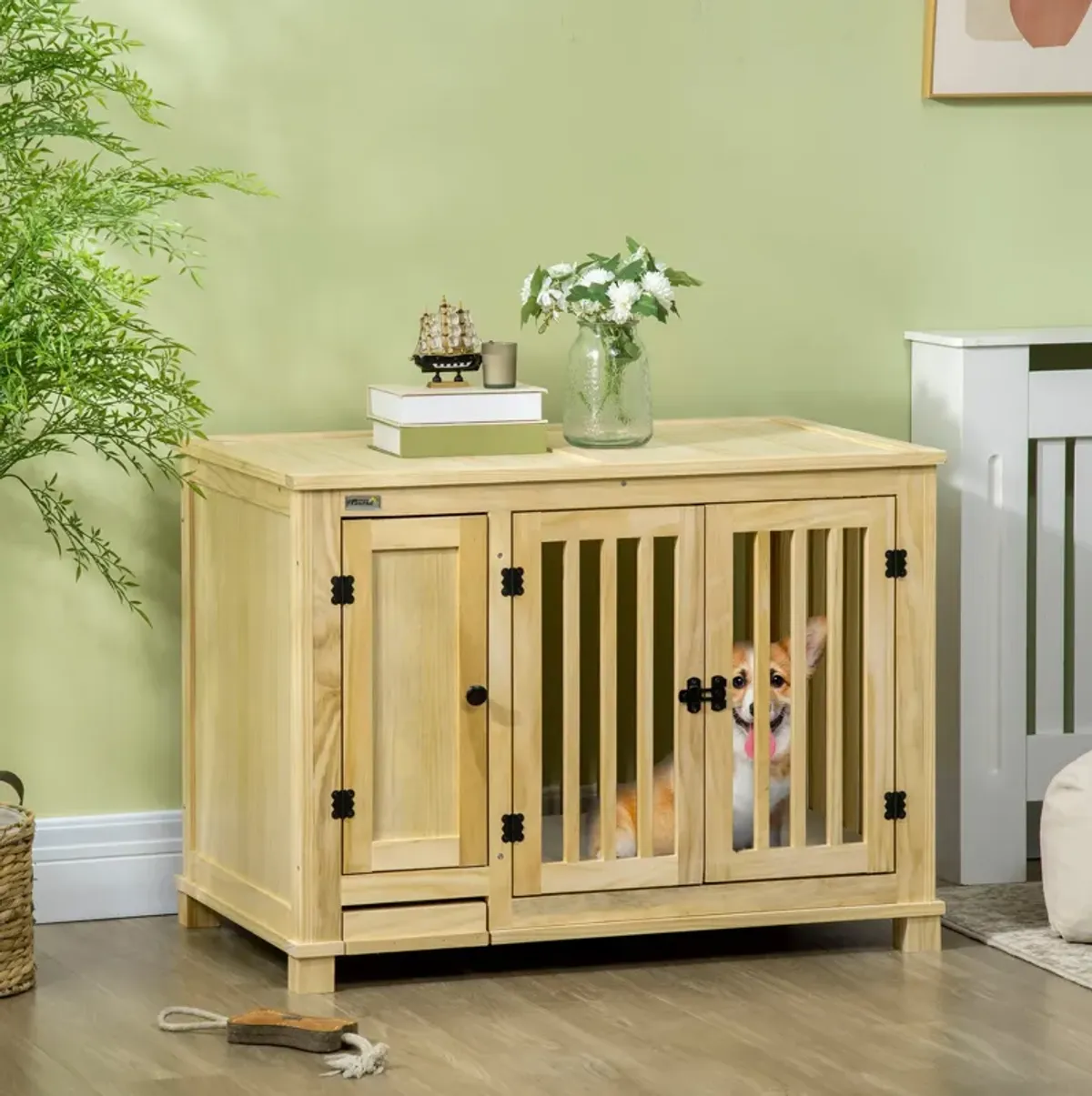 Natural Pet Furniture: Stylish Wooden Dog Crate with Cushion & Drawer