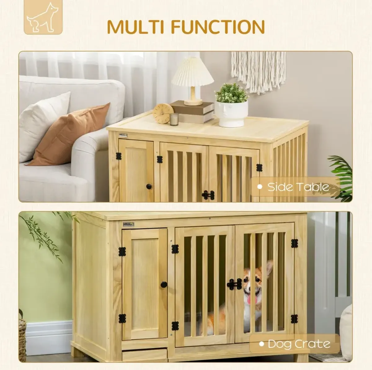 Natural Pet Furniture: Stylish Wooden Dog Crate with Cushion & Drawer